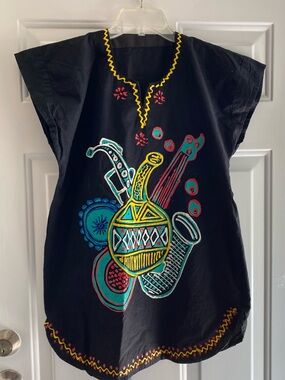 Black Tunic with Colorful Ethnic Instrument Motif